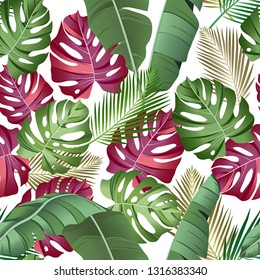 Seamless pattern with tropical leaves: palms, monstera, banana leaves, jungle leaf seamless vector pattern white background. Swimwear botanical design. Vector.

