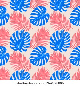 Seamless pattern with tropical leaves: palms, monstera, jungle leaf seamless vector pattern dark background. Swimwear botanical design. Vector.