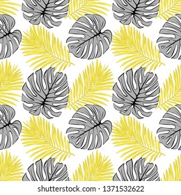 Seamless pattern with tropical leaves: palms, monstera, jungle leaf seamless vector pattern dark background. Swimwear botanical design. Vector.