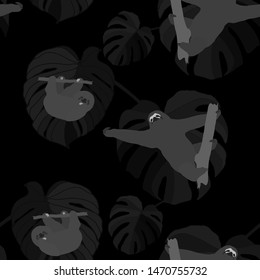 Seamless pattern with tropical leaves: palms, monstera, passion fruit. Beautiful allover print with slothes. Swimwear botanical design. Vector for any purposes