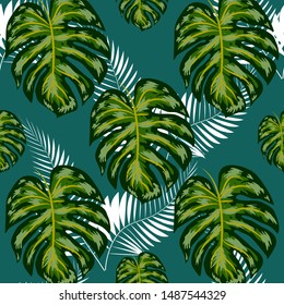 seamless pattern with tropical leaves: palms, monstera, passion fruit. Beautiful allover print with hand drawn exotic plants. Swimwear botanical design