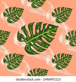 seamless pattern with tropical leaves: palms, monstera, passion fruit. Beautiful allover print with hand drawn exotic plants. Swimwear botanical design