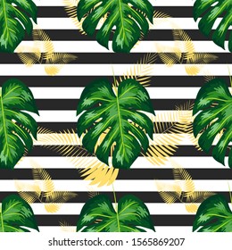 Seamless pattern with tropical leaves: palms, monstera. jungle leaf seamless pattern striped background. Swimwear botanical design.