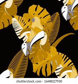 Seamless pattern with tropical leaves: palms, monstera, passion fruit. Beautiful allover print with exotic plants, toucans and parrots. Swimwear botanical design. Vector illustration for any purposes