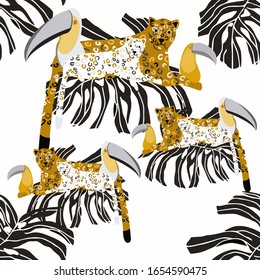 Seamless pattern with tropical leaves: palms, monstera, passion fruit. Beautiful allover print with exotic plants, toucans and parrots. Swimwear botanical design. Vector illustration for any purposes