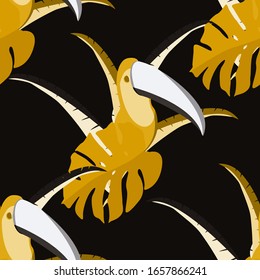 Seamless pattern with tropical leaves: palms, monstera, passion fruit. Beautiful allover print with exotic plants, toucans and parrots. Swimwear botanical design. Vector illustration for any purposes