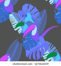 Seamless pattern with tropical leaves: palms, monstera, passion fruit. Beautiful allover print with exotic plants, toucans and parrots. Swimwear botanical design. Vector illustration for any purposes