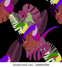 Seamless pattern with tropical leaves: palms, monstera, passion fruit. Beautiful allover print with exotic plants, toucans and parrots. Swimwear botanical design. Vector illustration for any purposes