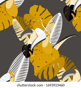 Seamless pattern with tropical leaves: palms, monstera, passion fruit. Beautiful allover print with exotic plants, toucans and parrots. Swimwear botanical design. Vector illustration for any purposes