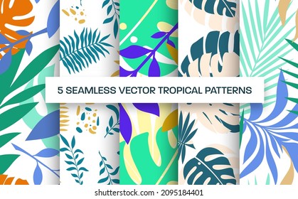 Seamless pattern with tropical leaves, palms, monstera. Creative presentation with trendy design for wallpaper, clothing, notebook. Template set with exotic twigs. Summer theme background