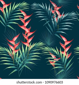 Padrão sem costura com folhas tropicais e flores paradisíacas de heliconia. Folhas de palmeira verde escuro e brilhante no fundo azul escuro. Padrão de vetor sem costura. Ilustração tropical. Folhagem da selva.