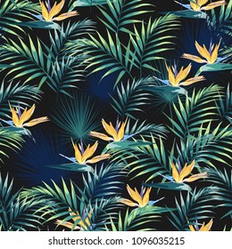 Seamless pattern with tropical leaves and paradise strelitzia flowers. Dark and bright green palm leaves on the black background. Vector seamless pattern. Tropical illustration. Jungle foliage.