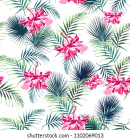 Seamless pattern with tropical leaves and paradise pink hibiscus flowers. Dark and bright green palm leaves on the white background. Vector seamless pattern. Tropical illustration. Jungle foliage