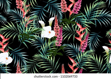 Seamless pattern with tropical leaves and paradise flowers. Dark and bright green palm leaves on the black background. Vector seamless pattern. Tropical illustration. Jungle foliage