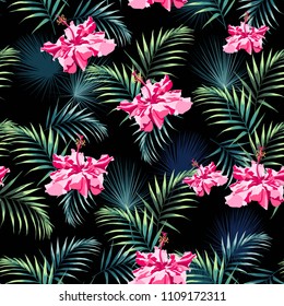 Seamless pattern with tropical leaves and paradise pink hibiscus flowers. Dark and bright green palm leaves on the black background. Vector seamless pattern. Tropical illustration. Jungle foliage