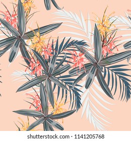 Seamless pattern with tropical leaves and paradise protea flowers. Dark and bright palm leaves on the peach background. Vector seamless pattern. Tropical illustration. Jungle foliage.