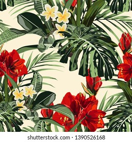 Seamless pattern with tropical leaves and paradise red Amaryllis (Hipperastrum) lilies flowers. Bright green palm monstera leaves on the yellow background. Tropical illustration. Jungle foliage. 