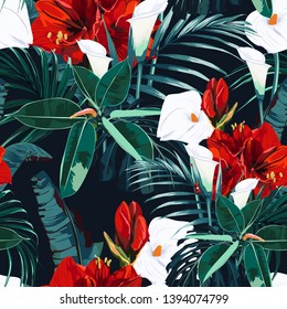 Seamless pattern with tropical leaves and paradise red lilies flowers. Bright blue plants on the black background. Tropical illustration. Jungle foliage. 