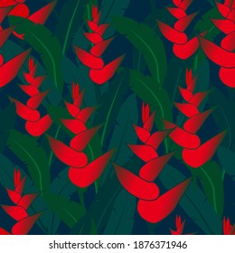 Seamless pattern with tropical leaves and paradise heliconia flowers. Green palm leaves and red flower on blue background. Tropical illustration. Jungle foliage. Sketch vector illustration