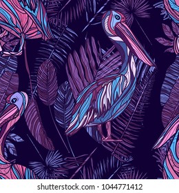 Seamless pattern with tropical leaves and pelicans. Vector illustration.