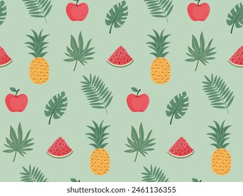Seamless pattern with tropical leaves, pineapple, watermelon and apple. Exotic floral pattern for design and textile. Summer background in pastel colors.