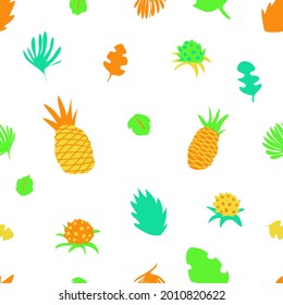 Seamless pattern with tropical leaves and pineapples on a white background. Colorful summer illustration for design, textiles, fabrics, patterns, wallpaper, background, banners, templates 