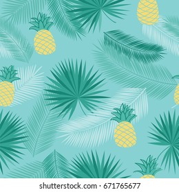 Seamless pattern with tropical leaves and pineapples for textile, wallpapers, gift wrap, covers and scrapbook. Vector illustration