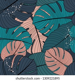Seamless pattern with tropical leaves in pink and blue colors