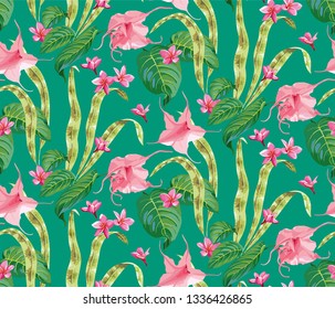 Seamless pattern of tropical leaves and pink flowers of plumeria and brugmansia on a turquoise background.