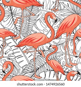 Seamless pattern with tropical leaves and pink flamingos on a white background.