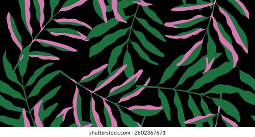 Seamless Pattern with Tropical Leaves in Pink and Green
