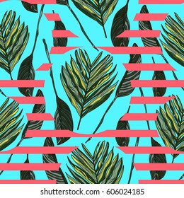 Seamless pattern with tropical leaves and pink strips on blue background.