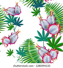 Seamless pattern with tropical leaves and pitaya fruit.