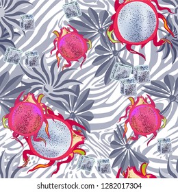 Seamless pattern with tropical leaves and pitaya fruit.