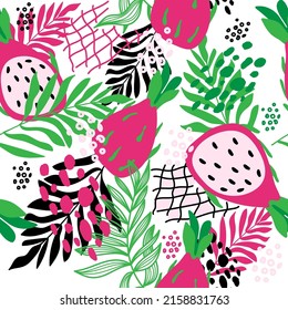 Seamless pattern of tropical leaves, pitaya and abstract spots and grid, summer vector illustration in cartoon style. Pitaya and tropical leaves. Bright summer pattern. 