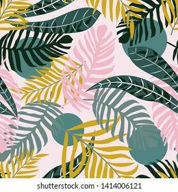 Seamless pattern with tropical leaves and plants on white background. Vector design. Jungle print. Textiles and printing.