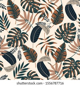 Seamless pattern with tropical leaves and plants. Floral vector tropical pattern background with exotic leaves, jungle leaf. Trend vector design, beautiful print. Botanical pattern, Exotic wallpaper.