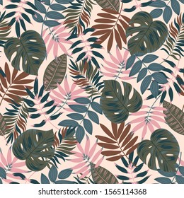 Seamless pattern with tropical leaves and plants. Floral vector tropical pattern background with exotic leaves, jungle leaf. Trend vector design, beautiful print. Botanical pattern, Exotic wallpaper.