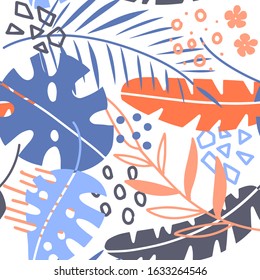 Seamless pattern with tropical leaves of plants and memphis style elements. Flat hand drawn style. White background. . Scandinavian Illustration on a summer theme. Bright colours.