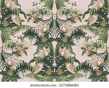 Patrón sin foco con hojas tropicales, plantas y flores. Vector