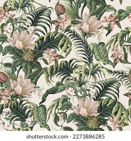 Seamless pattern with tropical leaves, plants and flowers. Vector