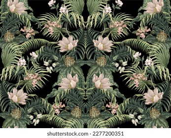 Patrón sin foco con hojas tropicales, plantas y flores. Vector