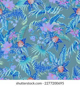Patrón sin foco con hojas tropicales, plantas y flores. Vector