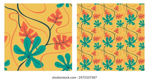 Patrón sin costuras - hojas tropicales de plantas tropicales y lianas sobre fondo de color - ilustración de diseño de cubierta de Vector