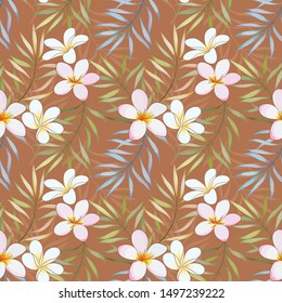 seamless pattern with tropical leaves and plumeria flowers for fabric textile wallpaper.