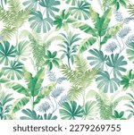 Seamless pattern with tropical leaves. Realistic botanical illustration. Vector Hawaiian background.