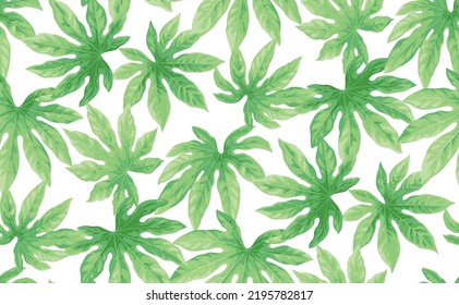 Seamless pattern with tropical leaves. Realistic botanical illustration on a white background. Vector foliage design. 