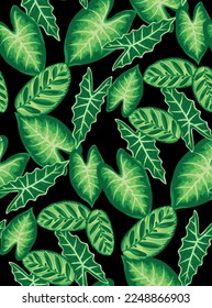 Seamless pattern with tropical leaves. Realistic botanical illustration on a black background. Vector foliage design.