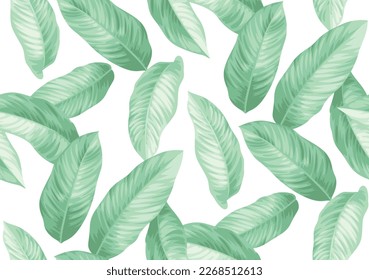 Seamless pattern with tropical leaves. Realistic botanical illustration. Vector Hawaiian background.