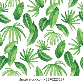 Seamless pattern with tropical leaves. Realistic botanical illustration. Vector Hawaiian background.
